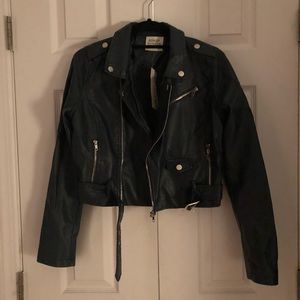 Blue Faux Leather Biker Jacket, size Medium